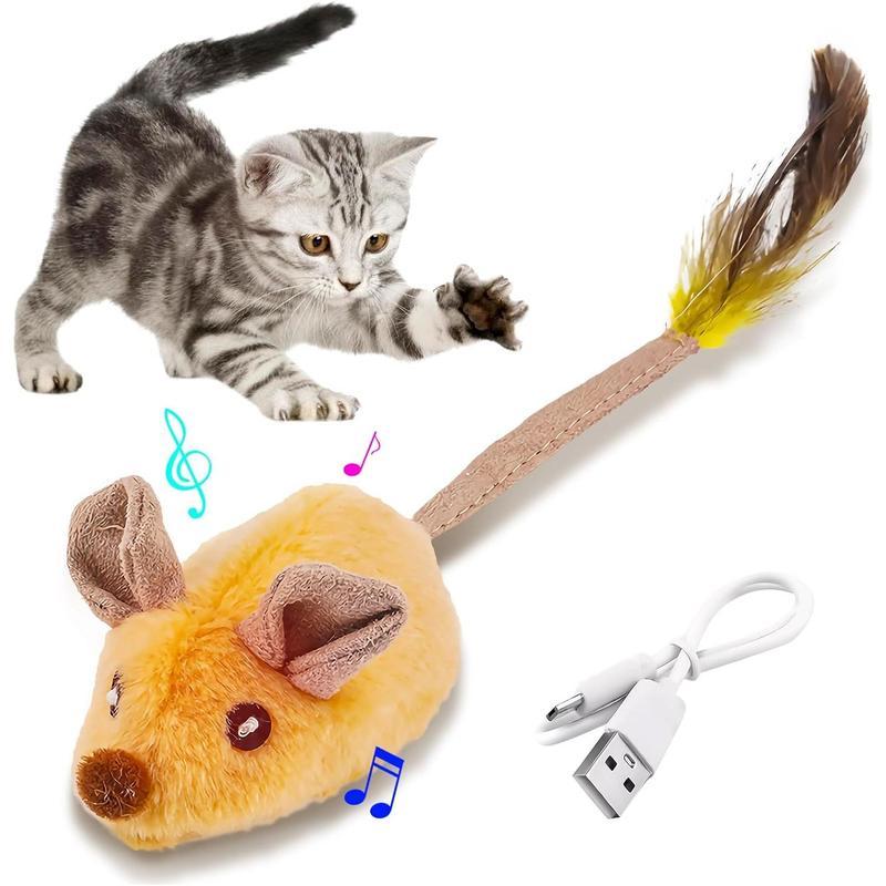 Interactive Cat Toy Mouse – USB Rechargeable Moving Mouse with LED Lights, Chirping Sound & Feather Tail for Indoor Cats