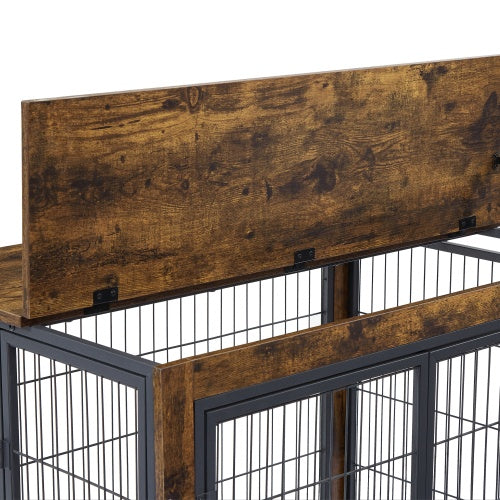 Furniture-Style Dog Crate Side Table – Rustic Brown Wooden Kennel with Double Doors, Lift-Top & Wheels