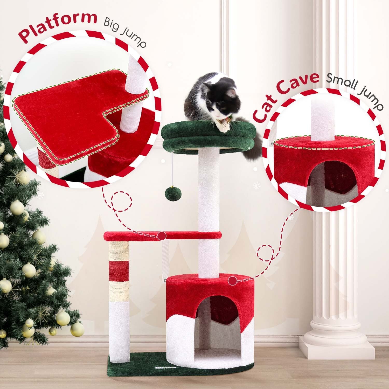 33″ Christmas-Style Cat Climbing Frame – Festive Multi-Level Tower with Scratching Posts & Hammock