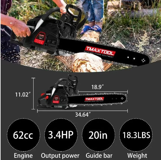62cc Powerful Gas Chainsaw with 20-Inch Bar & 2-Stroke Engine