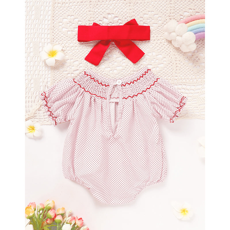 Newborn Baby Girls Valentine’s Day Smocked Romper – Short Sleeve Heart Embroidery Jumpsuit ❤️👶