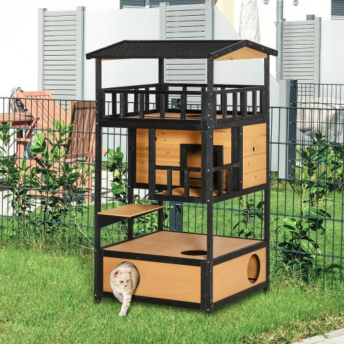Wooden Outdoor Cat House – Weatherproof Wild Cat Shelter with Multi-Level Kitten Tree & Safe Resting Space