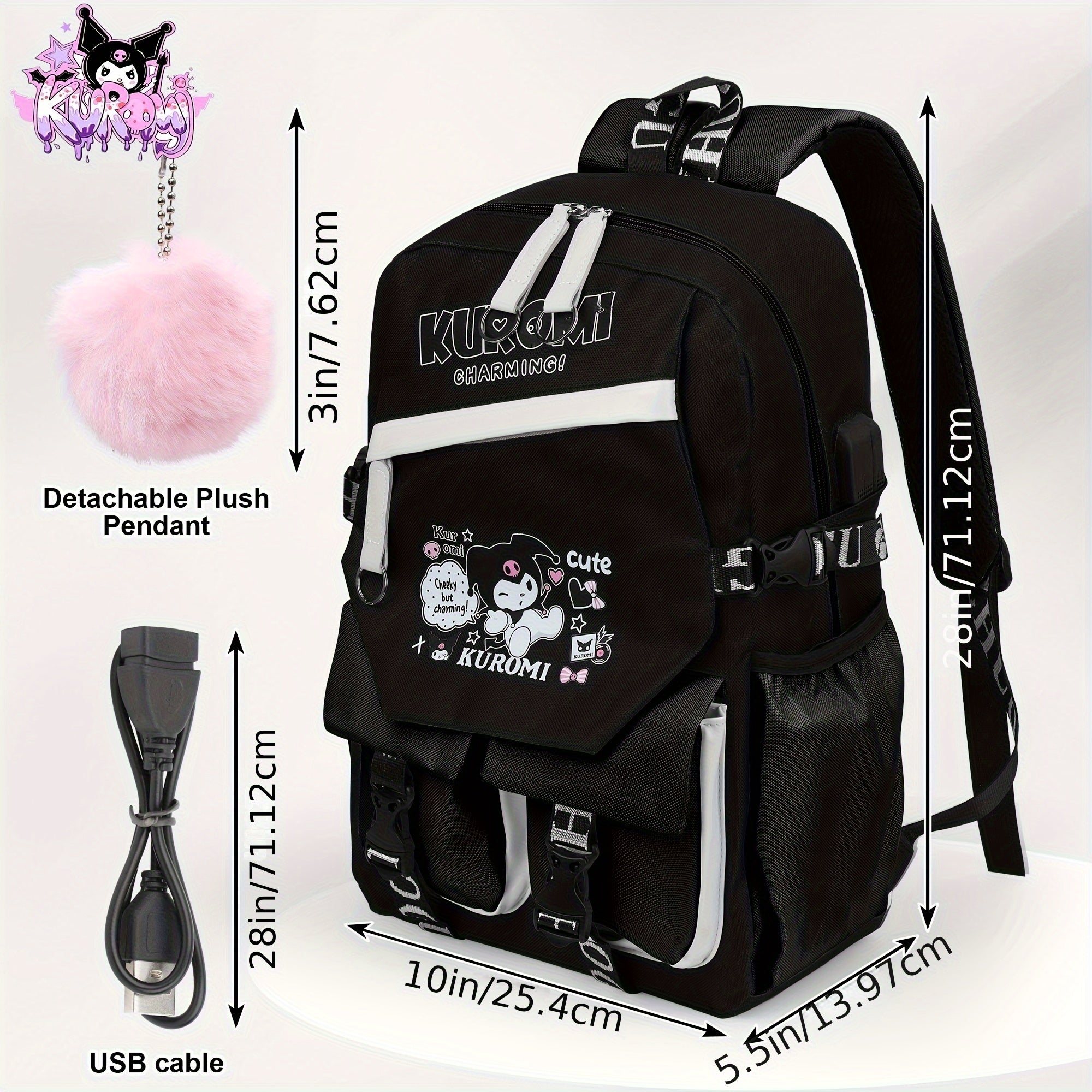SANRIO Kuromi Anime Backpack with Pendant Charm – High-Quality Nylon Laptop Bag (Fits 15″) for School, Travel & Hiking 🎒