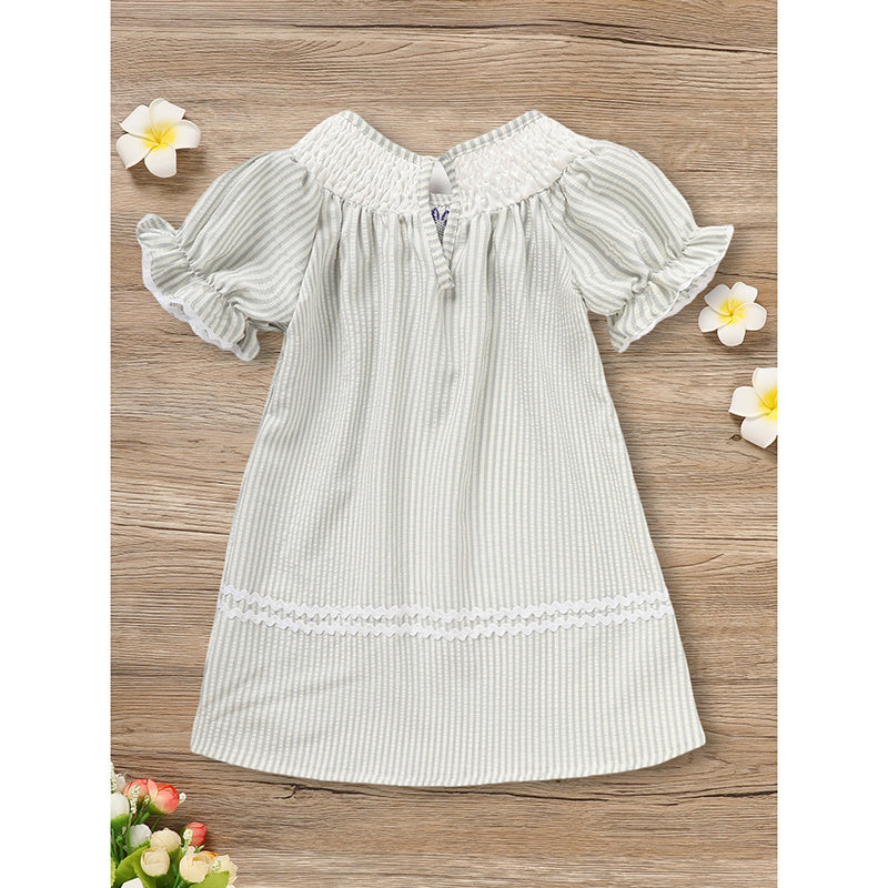 Infant Baby Girls Easter Bunny Smocked Dress – Embroidered Short Sleeve Summer Outfit