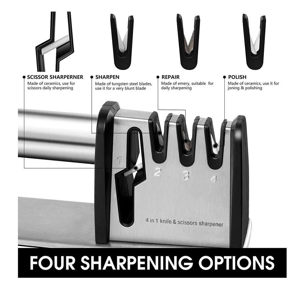 4-in-1 Kitchen Blade & Scissor Sharpening Tool – Compact Manual Sharpener for Knives & Scissors
