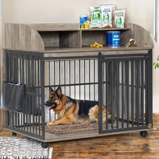Heavy Duty Large Dog Cage Furniture – Indoor Wooden Kennel Crate with Double Doors & Metal Frame