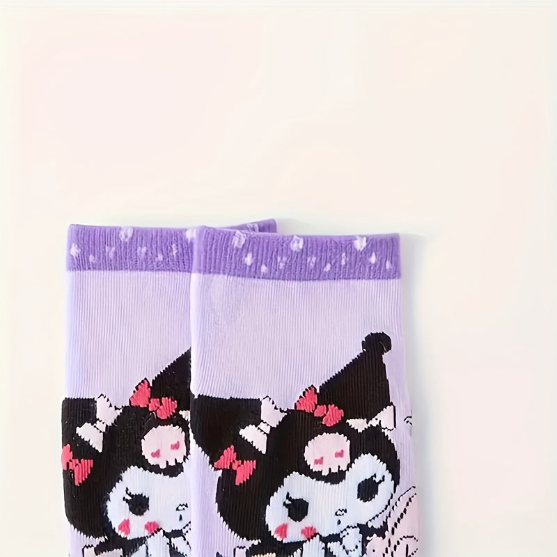 Sanrio Kuromi 5-Pack Women’s Cute Cartoon Short Socks – Bright Purple, Soft Polyester Blend, Spring-Summer-Fall Everyday