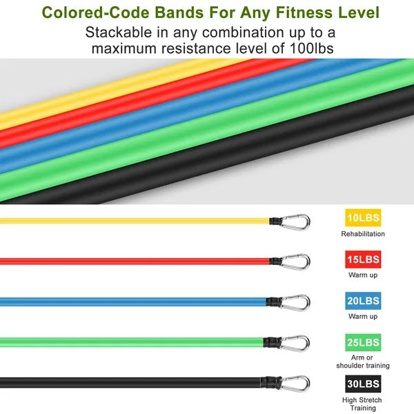 11pcs Resistance Bands Set – Fitness Workout Tubes with Handles, Door Anchor & Carry Bag for Home & Gym Training (10–100 lbs)