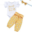 Infant Baby Girl Sweet Bee Outfits – Letter Print Romper, Honey Bee Pants & Bowknot Headband Set