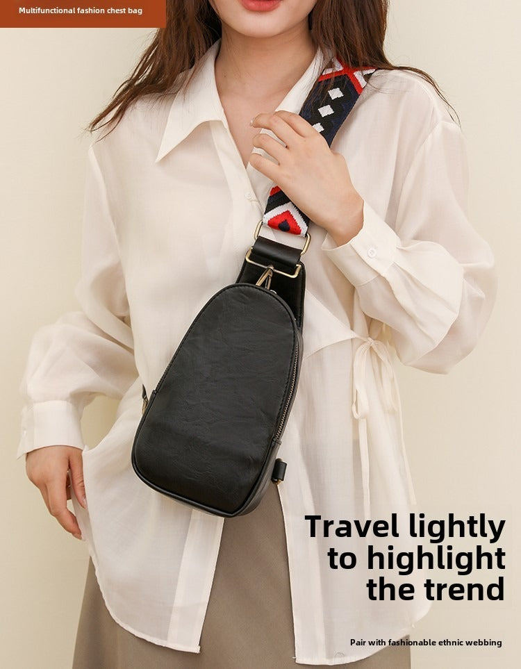 Women’s Chest Sling Bag – PU Leather Small Crossbody with Wide Guitar Strap