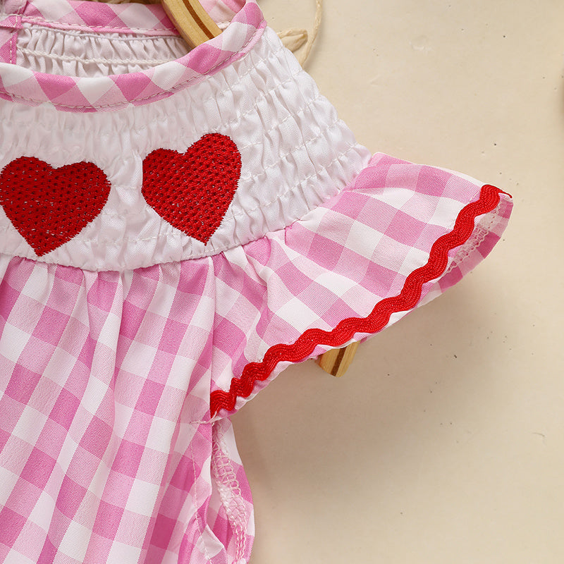 Baby Girl Valentine’s Day Dress – Pink Plaid Outfit with Heart Embroidery & Ruffle Sleeves