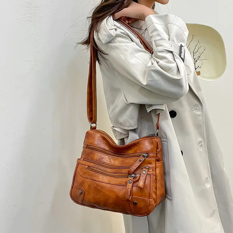 Women’s Large Capacity Shoulder Bag – Washed Leather Messenger with Multi Zipper Design