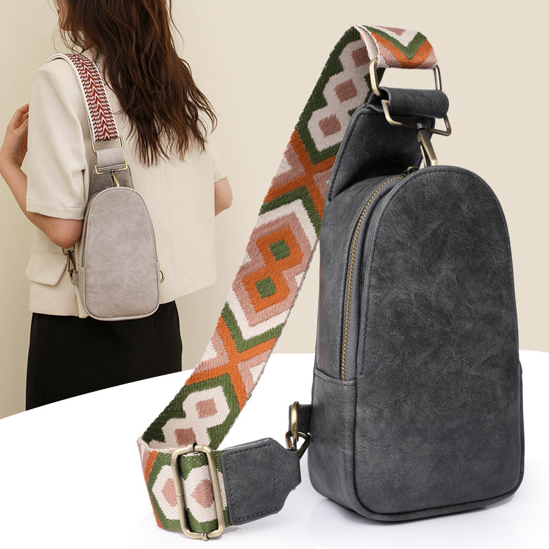 Women’s Chest Sling Bag – PU Leather Small Crossbody with Wide Guitar Strap