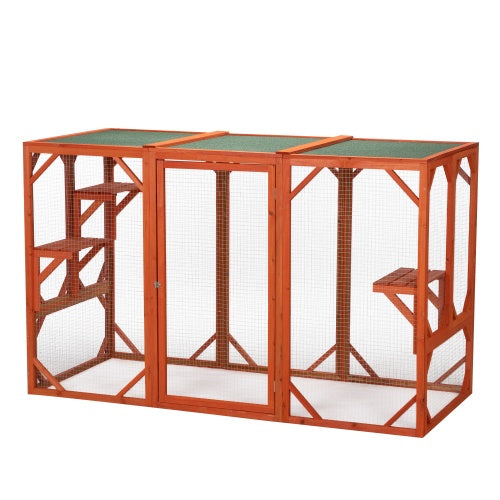 Outdoor Wooden Cat House – Waterproof Asphalt Roof & Fir Mesh Enclosure (Orange)