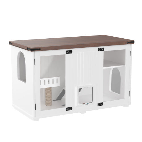 47.25″ Large Cat Litter Box Enclosure with LED Light – Hidden Cat House with Stairs, Scratching Post & Smart Doors (White)