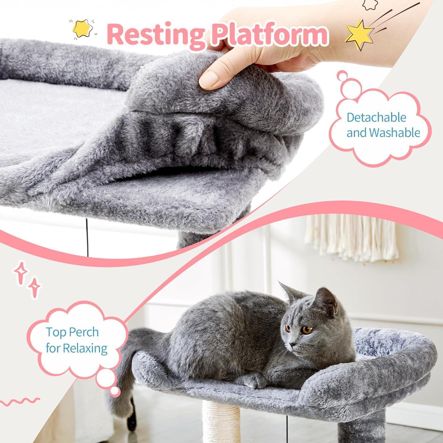 Small 4-in-1 Cat Tree Tower – Self-Grooming Brush, Sisal Scratching Post, Soft Plush Bed & Hanging Ball for Kittens