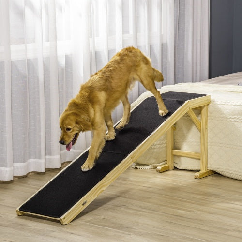 Pet Ramp for Dog Bed with Non-Slip Carpet & Top Platform – Pine Wood, 74" × 16" × 25"