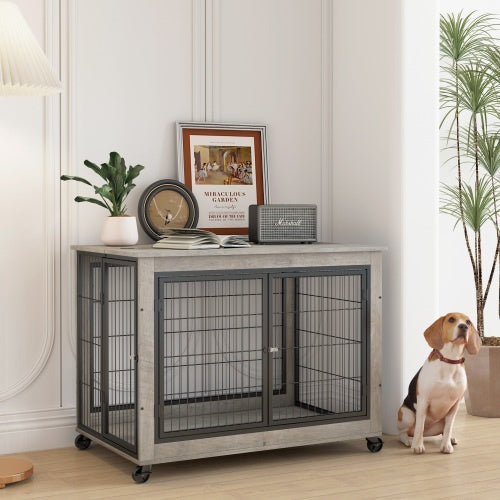 Furniture-Style Dog Cage – Grey Wooden Side Table with Wheels, Double Doors & Raised Top for Small & Medium Dogs