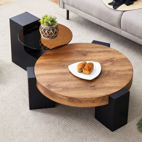 Modern Double-Layer Round Coffee Table ☕ Transparent Gray Glass Top with Black MDF Legs – Space-Saving Design