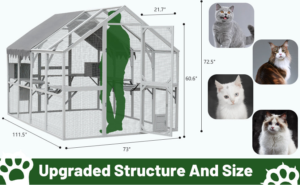 Outdoor Cat Room Fence – 110" Large Kitten Play Enclosure with Climbing Platform & Secure Wire Panels