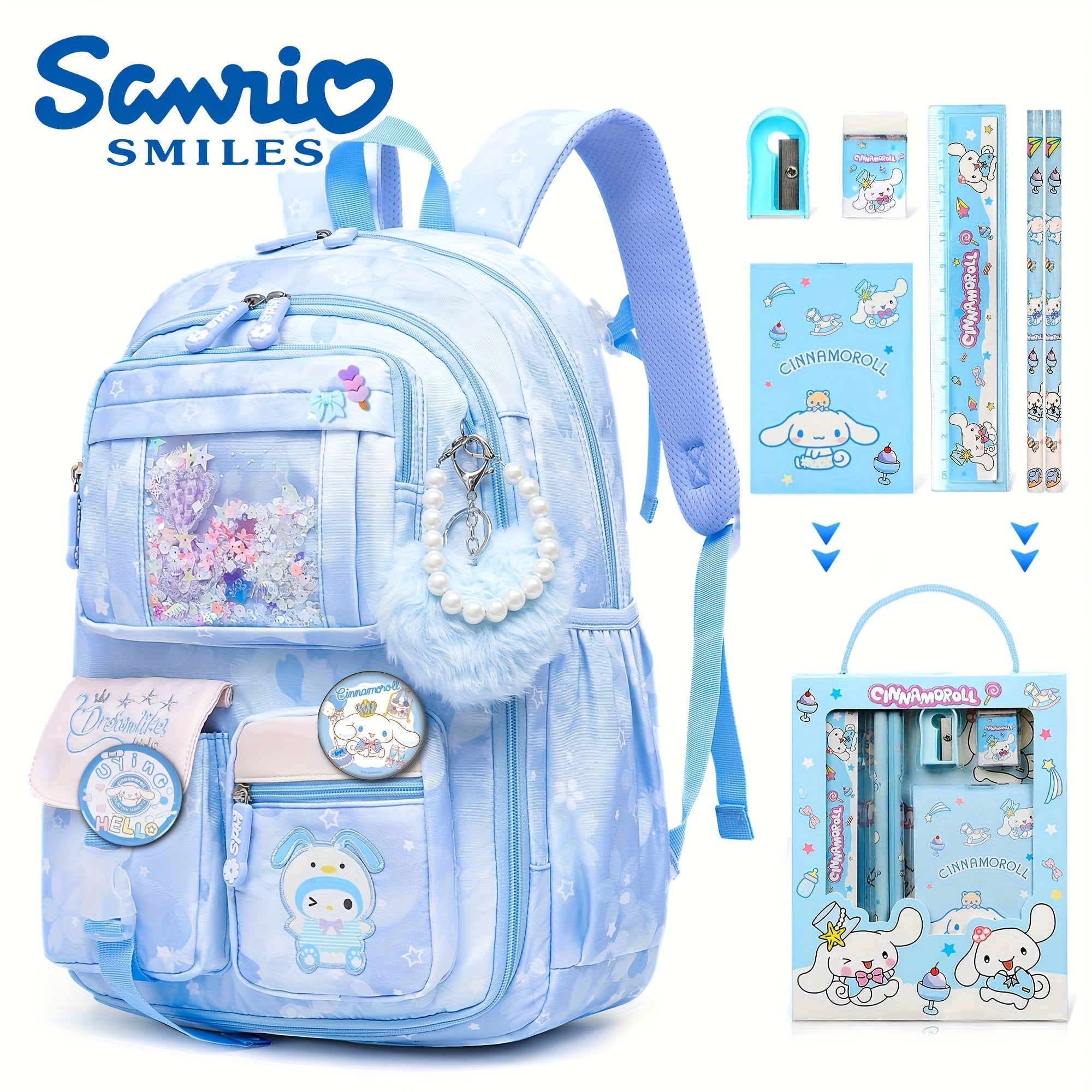 Sanrio Cinnamoroll Cartoon Shoulder Bag & Travel Backpack Set – Includes Plush Pendant, 2 Badges & Stationery, Ultra-Lightweight for New Semester 🎒✨