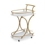 2-Tier Rolling Bar Cart with Wine Rack - Gold Metal & Mirror Serving Trolley
