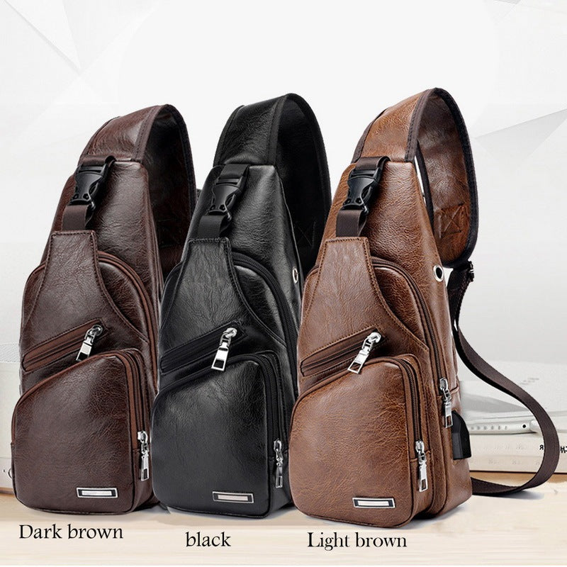 Men’s USB Charging Chest Bag – PU Leather Crossbody Travel Shoulder Messenger Bag