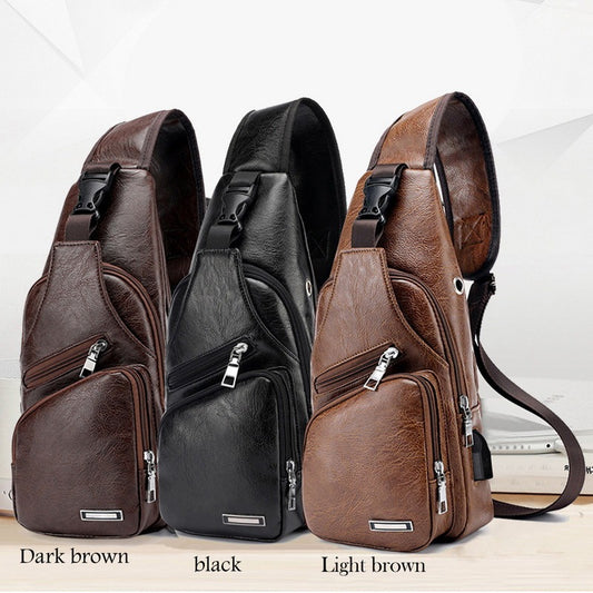 Men’s USB Charging Chest Bag – PU Leather Crossbody Travel Shoulder Messenger Bag