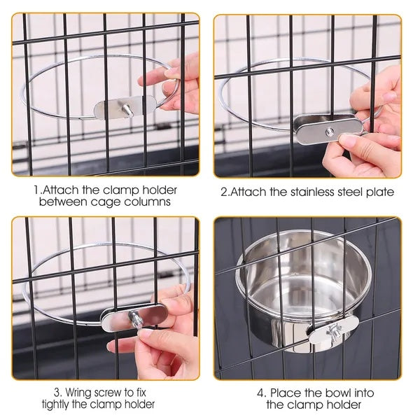Detachable Pet Cage Food & Water Bowl with Clamp Holder – Stainless Steel Feeding Cup for Dogs, Cats & Small Animals