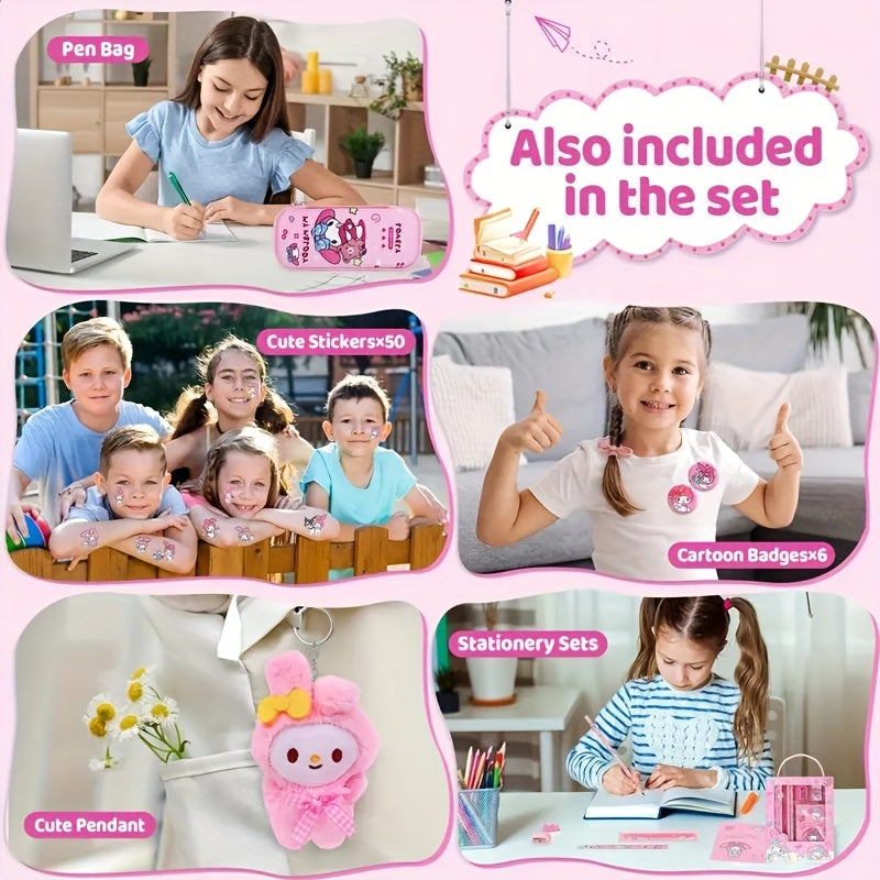 My Melody Premium Backpack Set – Large Capacity Bookbag + Badges + Stationery + Pencil Case + Stickers (Pink Cartoon)