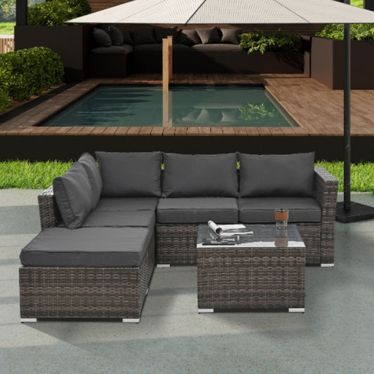 4-Piece Outdoor PE Wicker Furniture Set – Corner Sofas, Ottoman & Tempered Glass Coffee Table