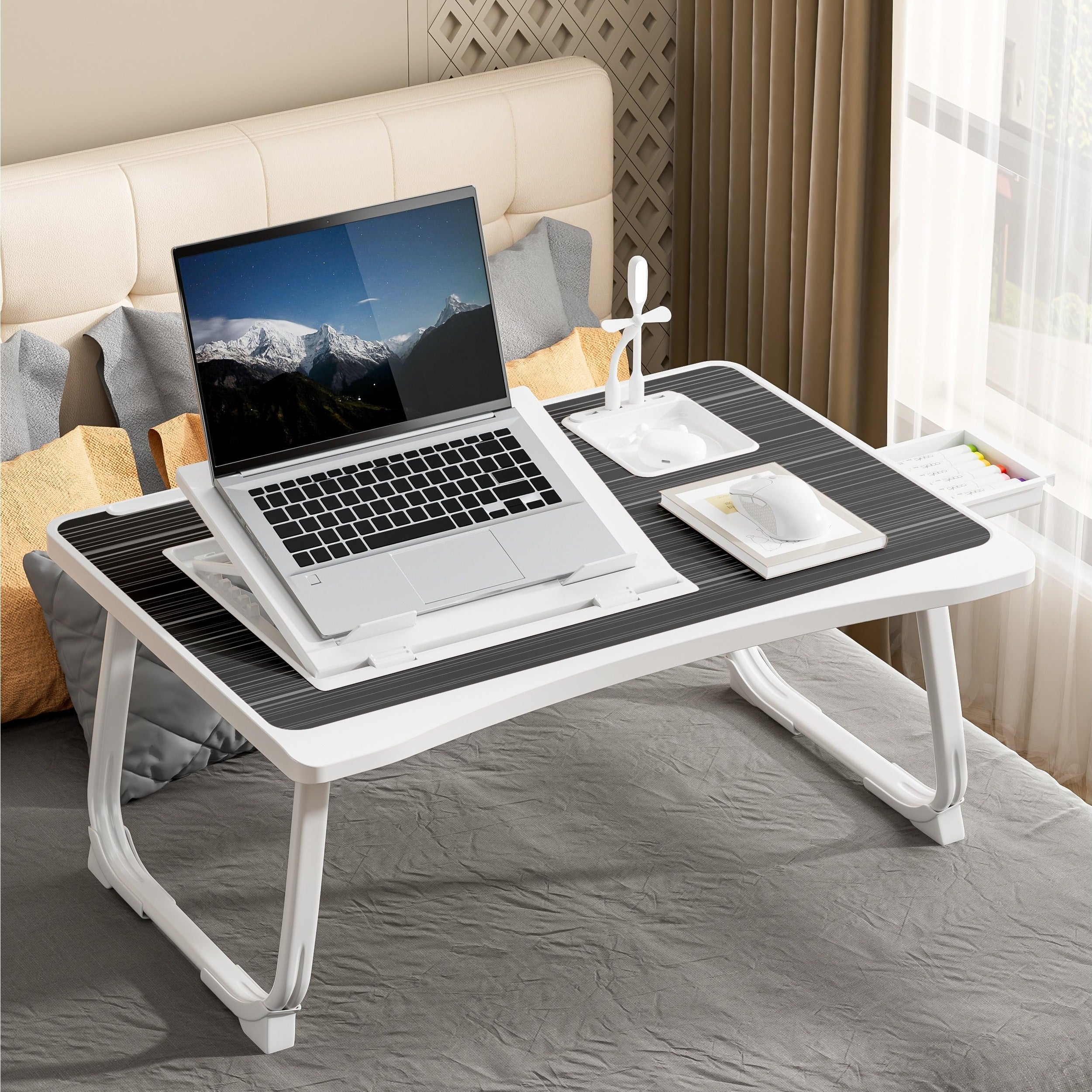 Foldable Laptop Desk for Bed or Couch – Work-from-Bed Table with Cup Holder, Drawer & Adjustable Legs