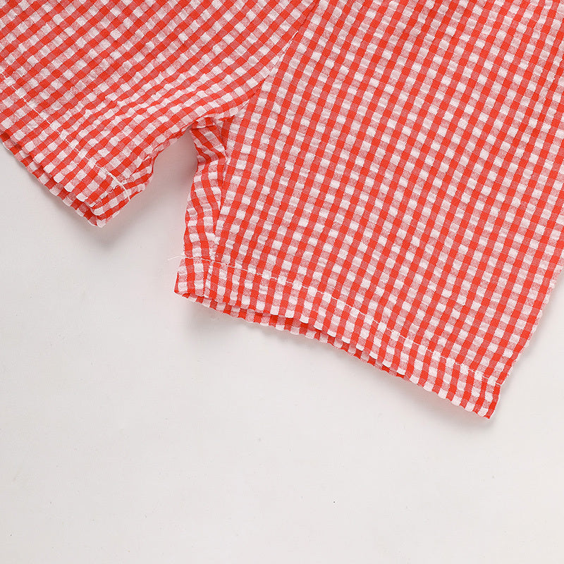 Toddler Baby Boy Back to School Outfit – Summer Appliqué T-Shirt & Red Gingham Shorts 2PCS Set