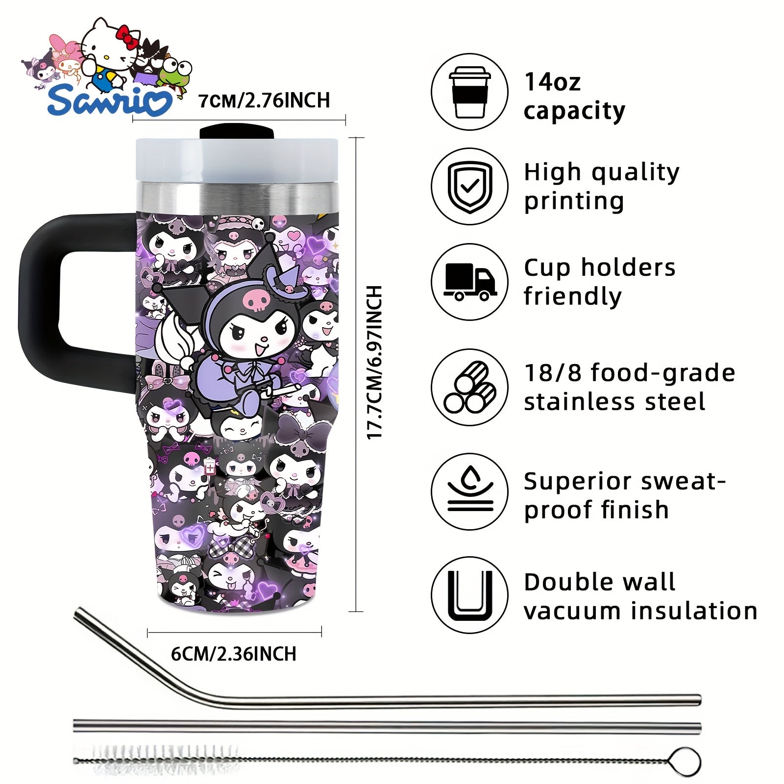Sanrio Kuromi 14 oz Stainless-Steel Insulated Water Bottle with Handle & Straw – BPA-Free, Perfect Gift for Family & Friends