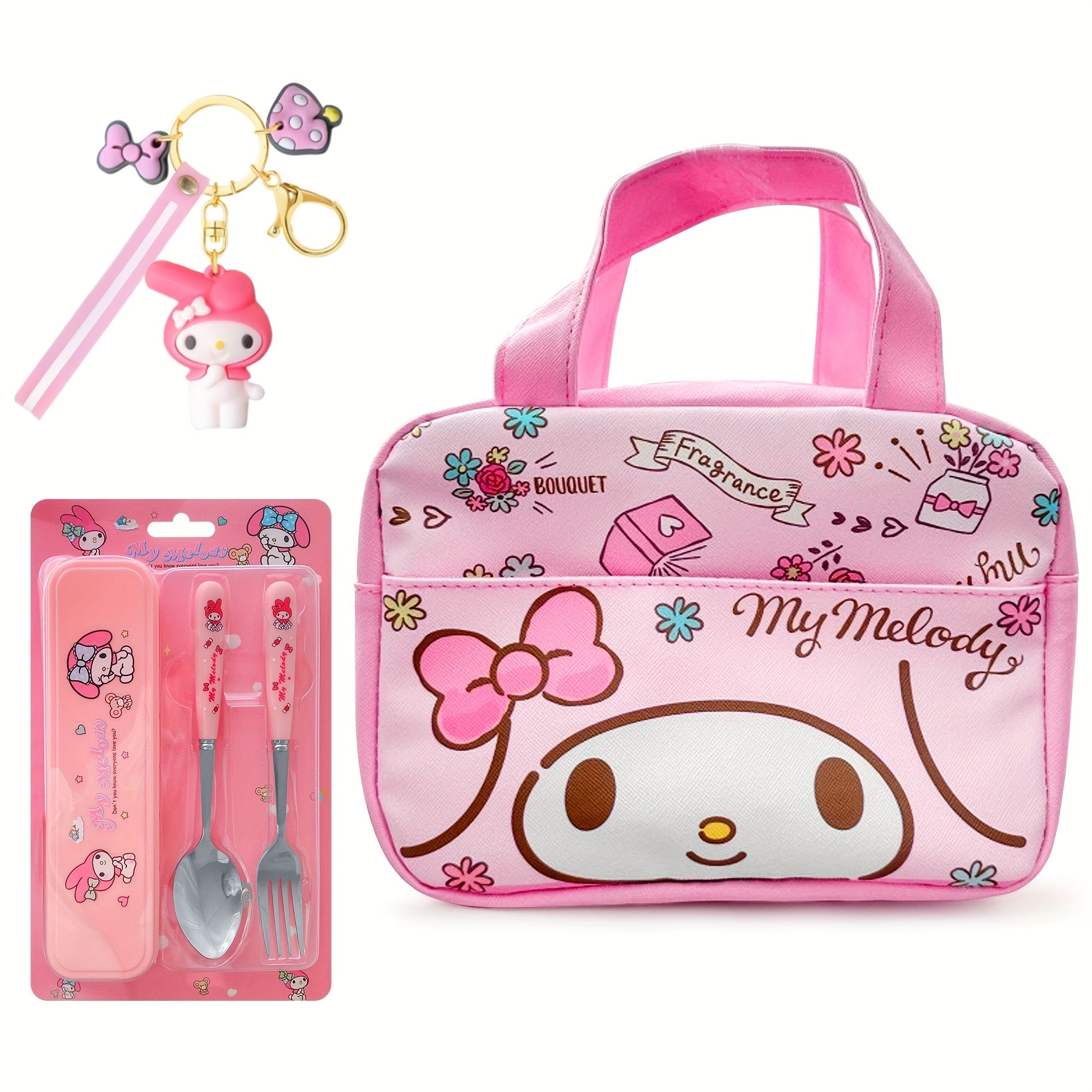 MY MELODY Insulated Lunch Bag – Tableware & Keychain Included, Perfect for School, Work & Travel 🍱🎀