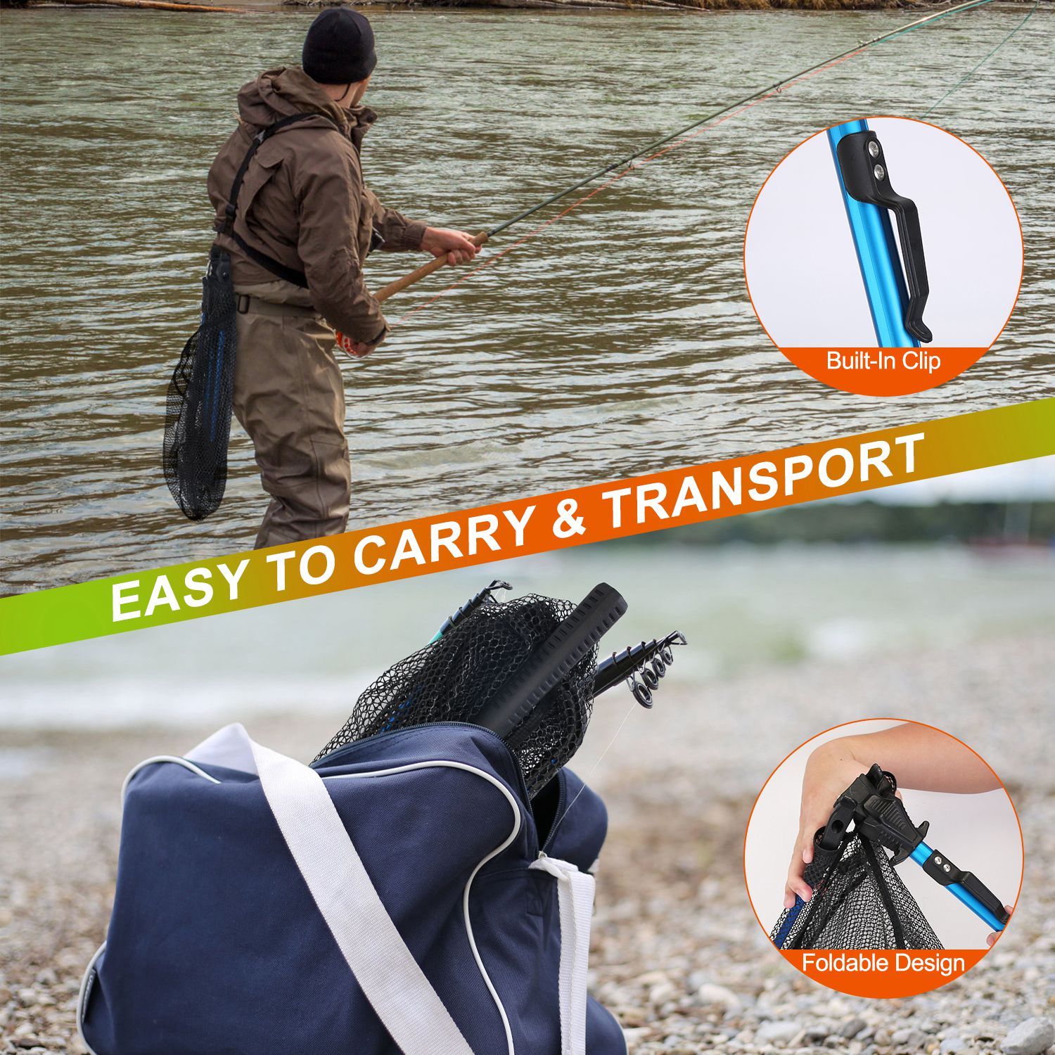 Foldable Fishing Landing Net - Collapsible Aluminum Pole with Fish-Safe Coated Nylon Mesh