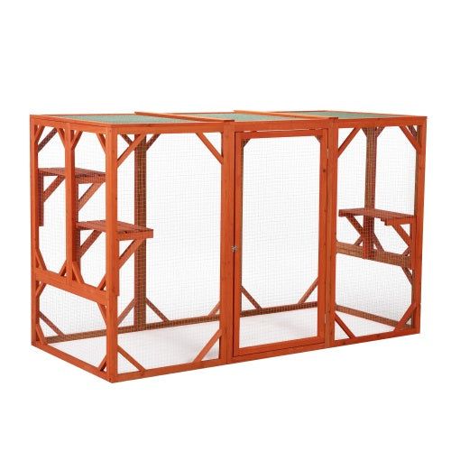Outdoor Wooden Cat House – Waterproof Asphalt Roof & Fir Mesh Enclosure (Orange)