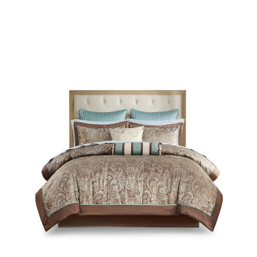 12-Piece Comforter Set with Cotton Bed Sheets – Full Size, Includes Comforter, Bed Skirt, Euro & Standard Shams, Cotton Sheets & Decorative Pillows, Blue & Brown Paisley Pattern