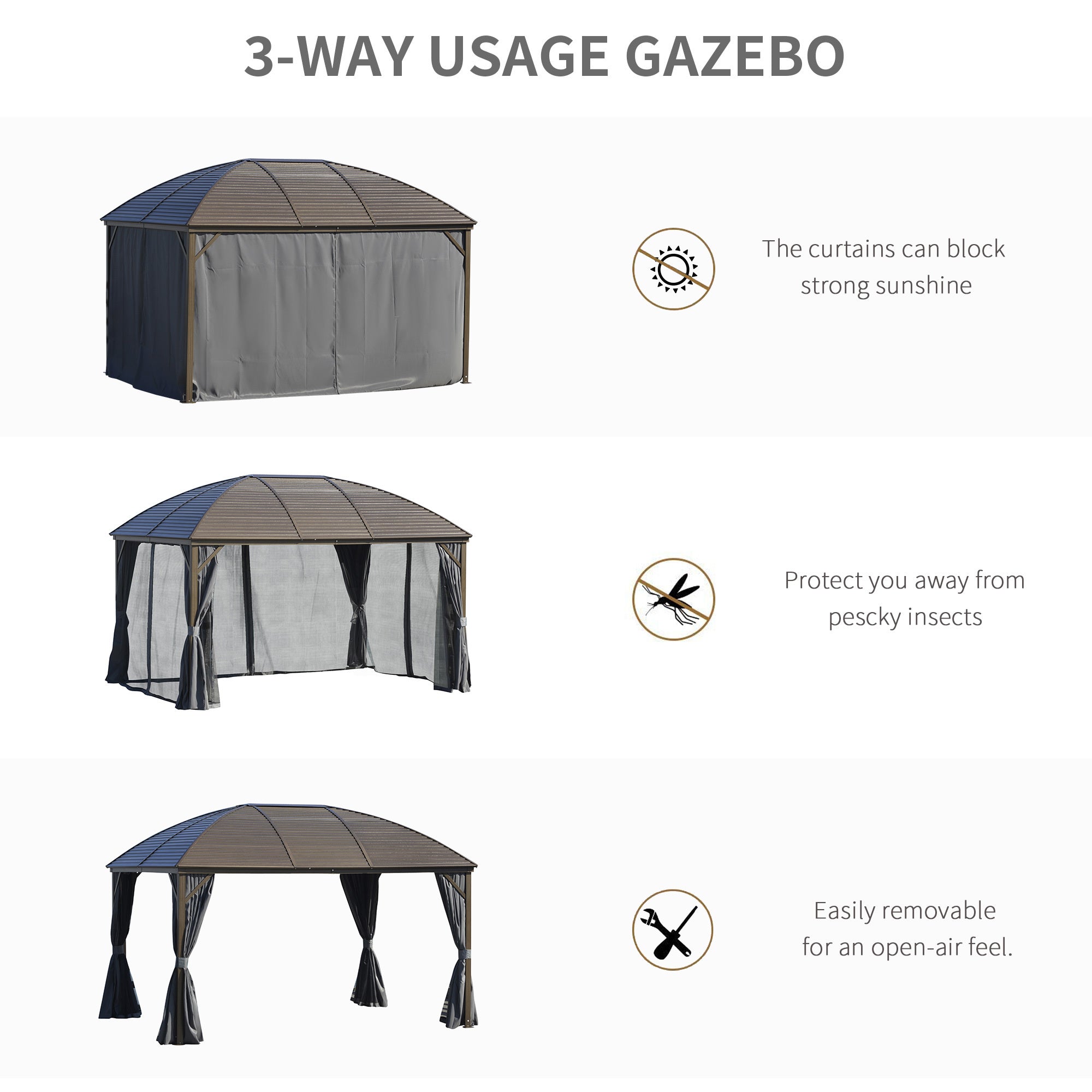 10 × 13 ft Hardtop Gazebo – Steel Roof Canopy with Curtains, Netting, Aluminum Frame, Ceiling Hook, Gray