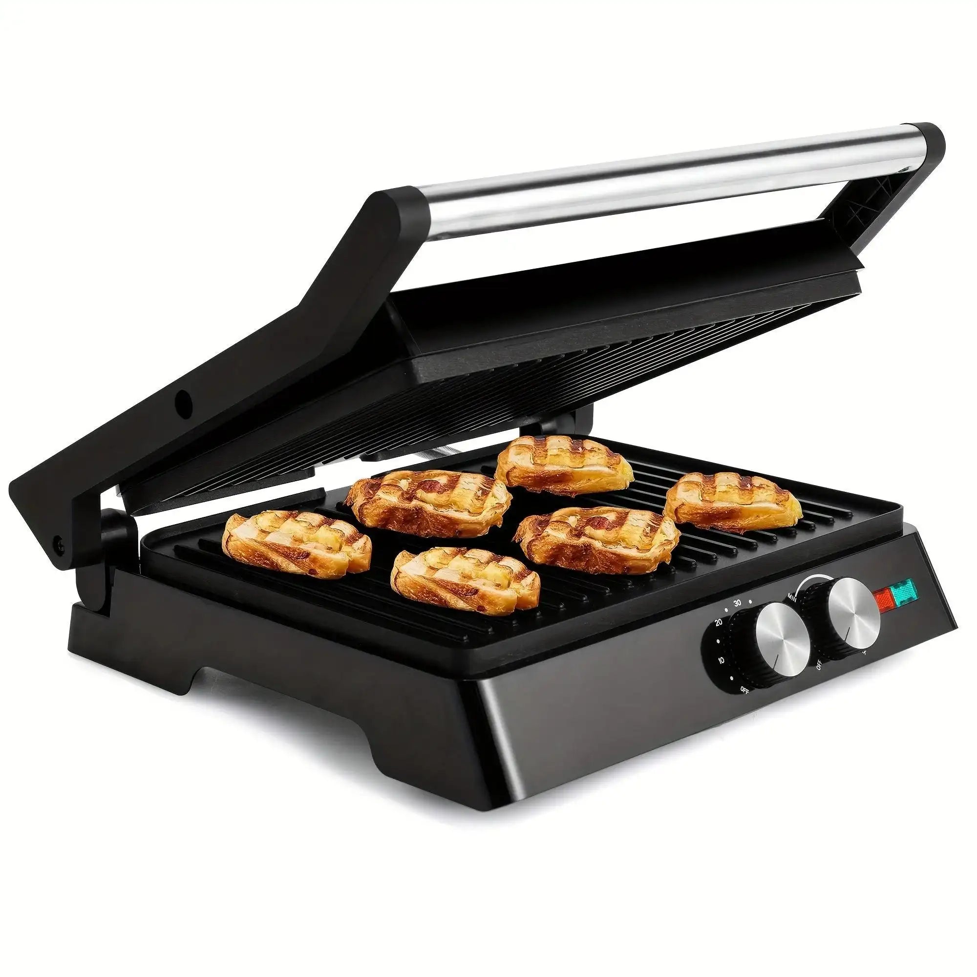 3-in-1 Electric Indoor Grill & Panini Press - 1400W Dual-Sided Non-Stick Grill with 180° Floating Hinge, Adjustable Temp (365°F-410°F), 60-Min Timer, Overheat/Quick Cook Modes & Grease Tray - Compact Black Kitchen Applianc - PulinGO