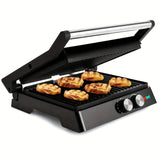 3-in-1 Electric Indoor Grill & Panini Press - 1400W Dual-Sided Non-Stick Grill with 180° Floating Hinge, Adjustable Temp (365°F-410°F), 60-Min Timer, Overheat/Quick Cook Modes & Grease Tray - Compact Black Kitchen Applianc - PulinGO