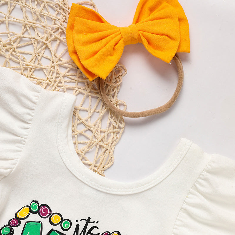 Baby Girl Mardi Gras Outfit 🎭 Ruffle Sleeve Bodysuit + Mesh Tutu Skirt + Hairband Set