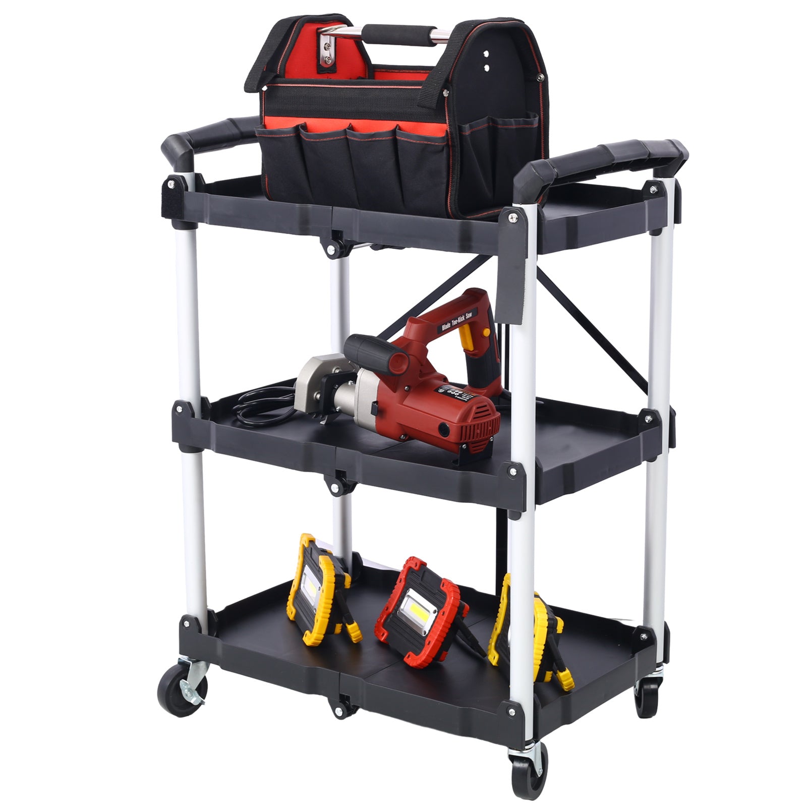 Folding Service Cart – Iron Frame & Plastic Shelves, Collapsible Utility Cart with Wheels