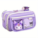 Kuromi Transparent Multi-Compartment Pencil Case – Large Capacity, Free Stickers, Violet-White Design