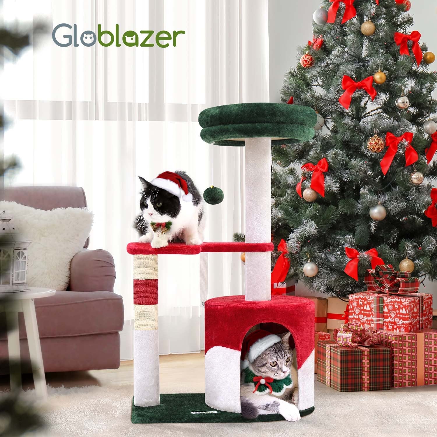 33″ Christmas-Style Cat Climbing Frame – Festive Multi-Level Tower with Scratching Posts & Hammock