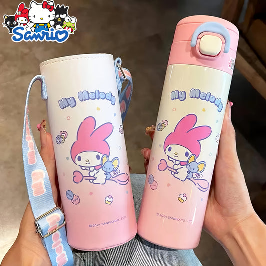 Sanrio Official Stainless Steel Insulated Water Bottle with Straw & Shoulder Strap – Cinnamoroll & Kuromi Travel Sports Edition 🚶‍♀️🥤