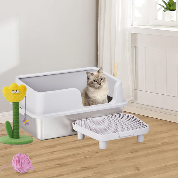 Extra-Large Stainless Steel & Plastic Litter Box with Snap-On Enclosure, Spatula & Foot Pad – Grey (61 × 40 × 33 cm)