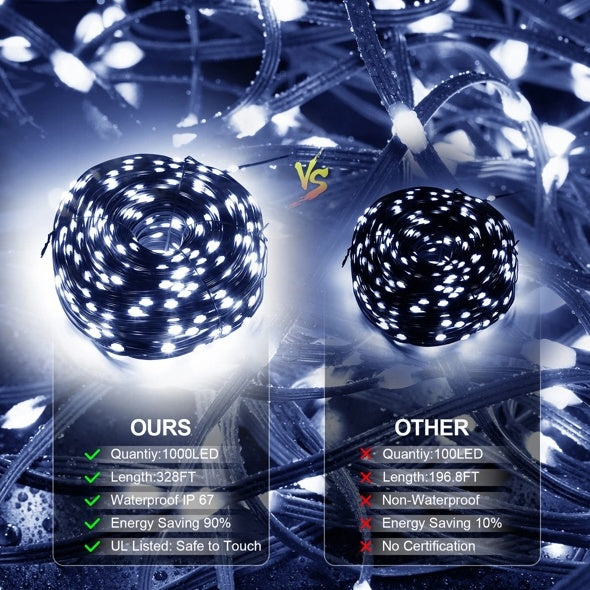 Christmas Rope Lights – 1000 LED, 328 Ft Outdoor Decorative Strobe String with 8 Modes, Remote, IP67 Waterproof & Timer Memory Function