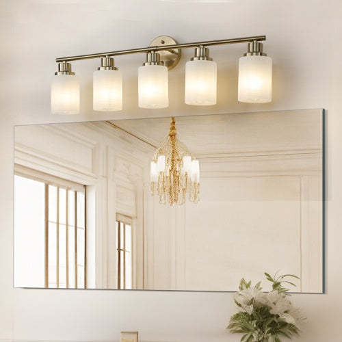 Modern 5-Light Gold Vanity Light with Frosted Glass Shades