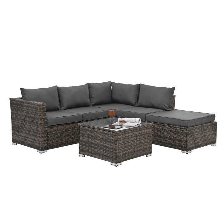 4-Piece Outdoor PE Wicker Furniture Set – Corner Sofas, Ottoman & Tempered Glass Coffee Table